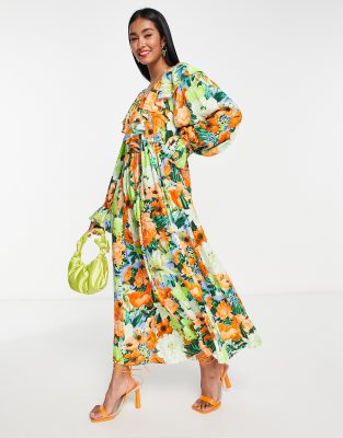 Asos Design Oversized V Neck Maxi Dress With Ruffle In Neon Floral