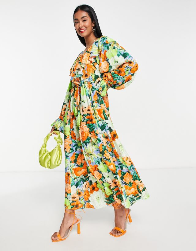 ASOS EDITION oversized v neck maxi dress with ruffle in neon floral print