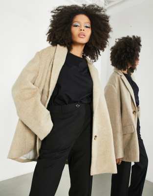 Asos Design Oversized Wool Blazer In Beige-neutral