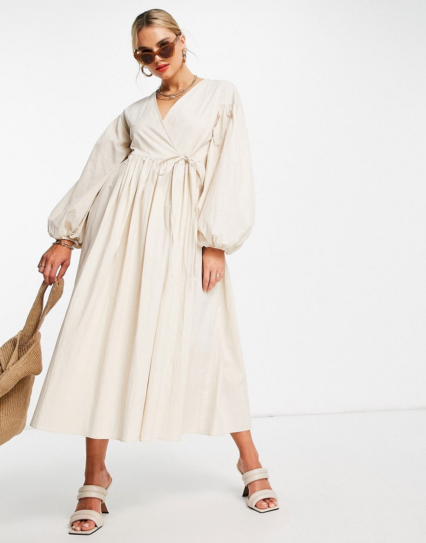 ASOS EDITION oversized wrap smock dress with blouson sleeve in cream-White
