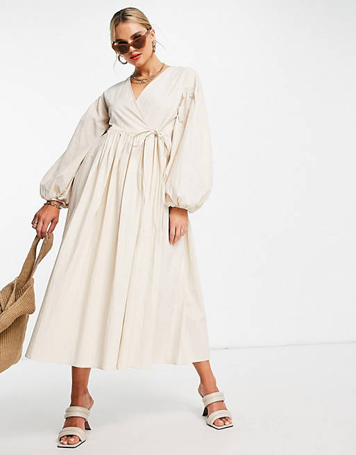 ASOS EDITION oversized wrap smock dress with blouson sleeve in cream