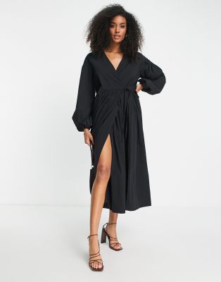Asos Design Oversized Wrap Smock Dress With Blouson Sleeves In Black