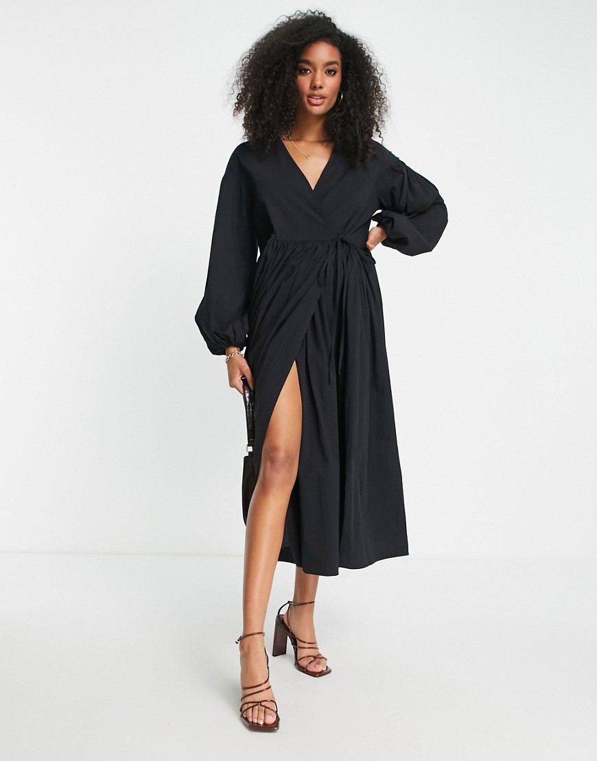 Asos Design Oversized Wrap Smock Dress With Blouson Sleeves In Black ...