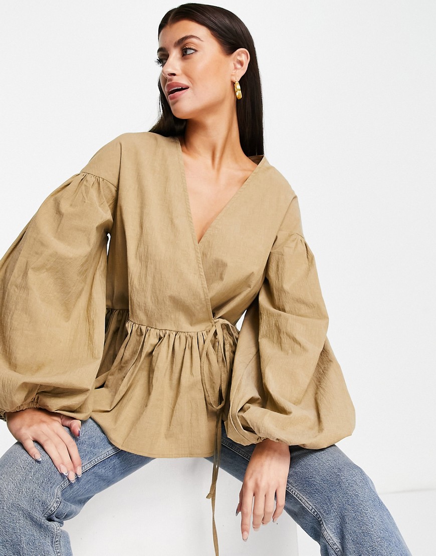 ASOS EDITION oversized wrap smock top with blouson sleeve in camel-Neutral