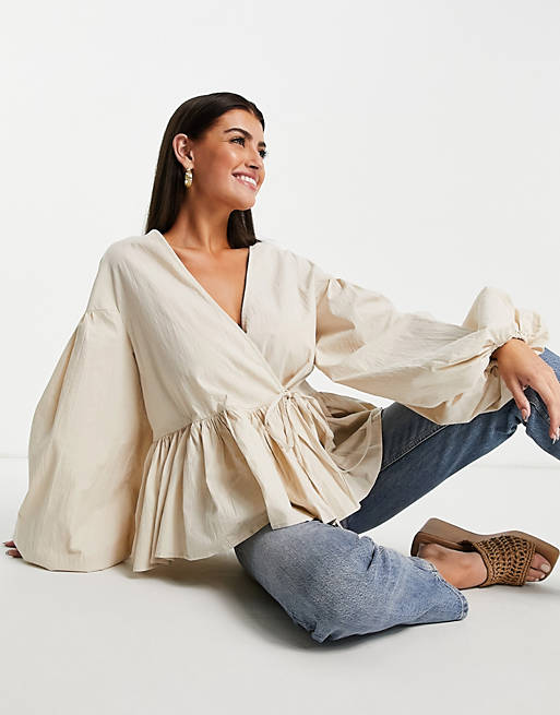 ASOS EDITION oversized wrap smock top with blouson sleeve in cream