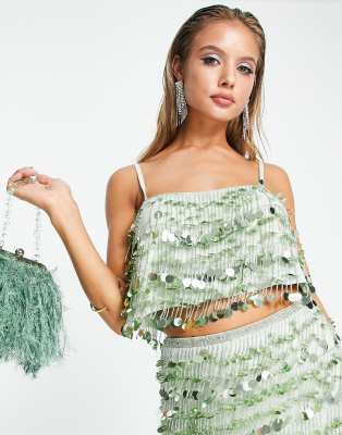 ASOS DESIGN satin cami with lace neck and waist insert in lime green