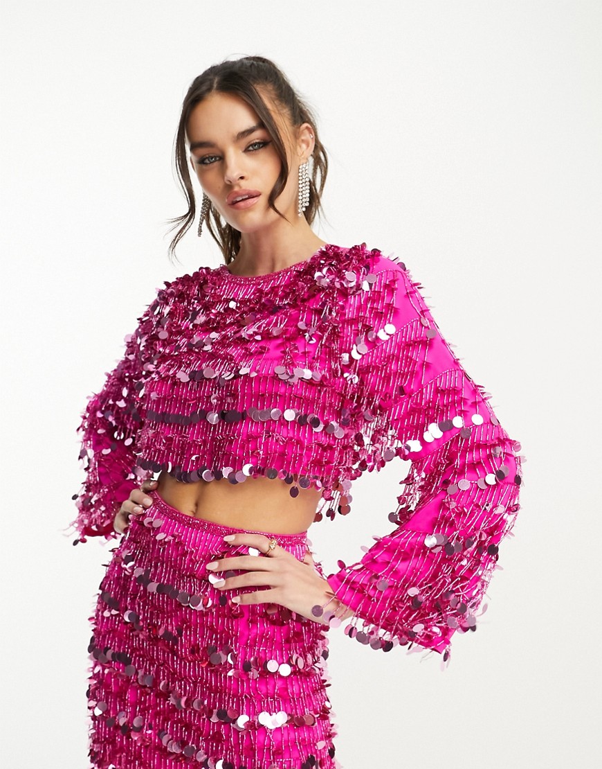 ASOS EDITION paillette fringe sequin long sleeve top in pink