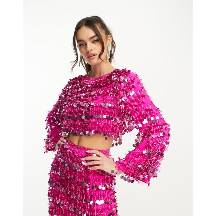 Pink Sequin One Shoulder Long Sleeve Crop Top