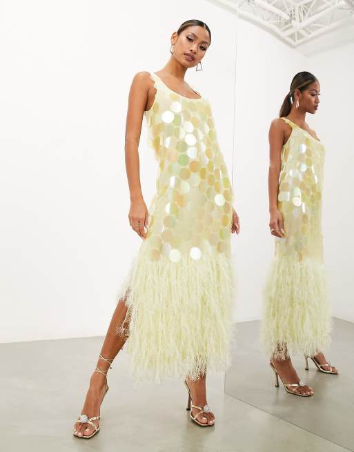 ASOS EDITION paillette sequin midi dress with faux feather hem in lemon