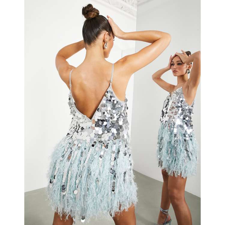 ASOS EDITION paillette sequin mini dress with faux feather hem in silver  and blue