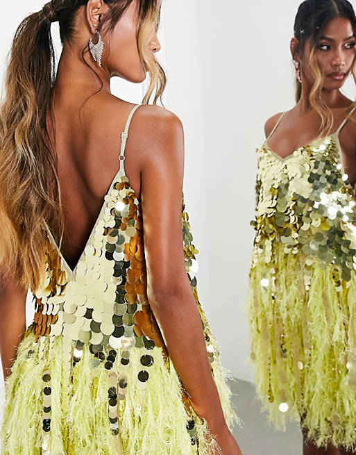 ASOS Synthetic Paillette Sequin Mini Dress With Feather Hem in Yellow Womens Clothing Dresses Mini and short dresses 