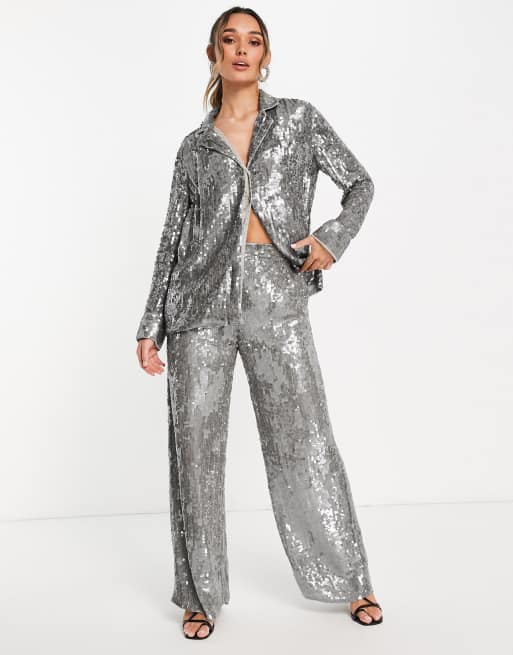 ASOS EDITION – Paillettenbesetztes Pyjama-Hemd in Grau