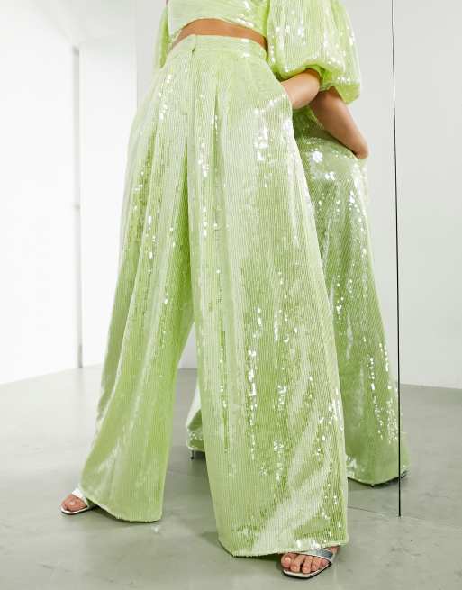 ASOS EDITION – Grönt paljettprytt set med crop top och byxor, 3 av 3