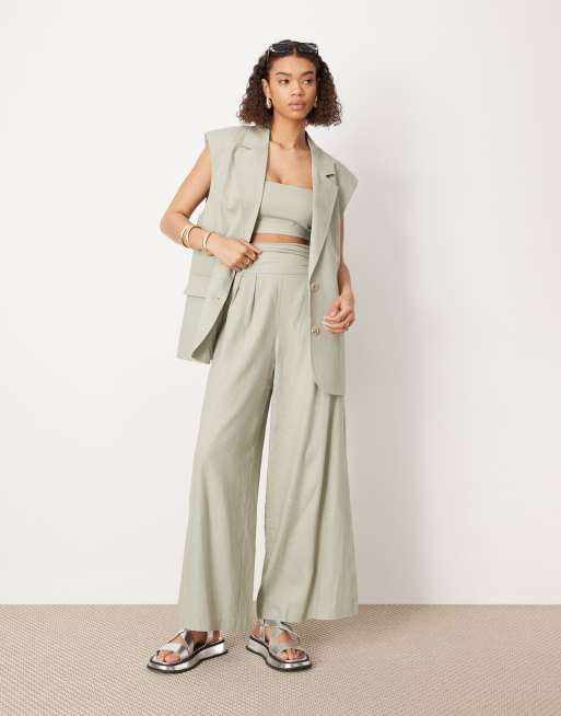 ASOS EDITION - Pantalon d'ensemble ajusté ultra large à taille froncée - Vert cendré