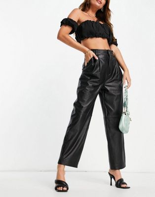 Femme EDITION - Pantalon large en cuir avec détails cousus - Noir