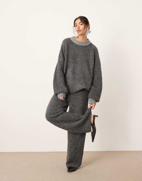 ASOS EDITION - Pantaloni a fondo ampio in maglia bouclé grigio antracite in coordinato - view 1