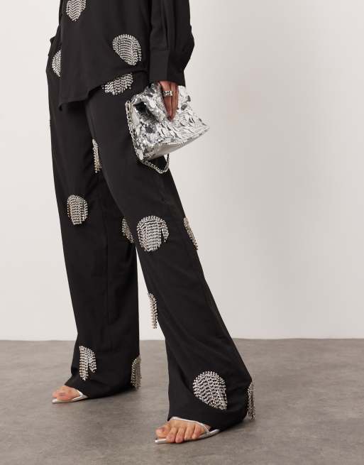 ASOS EDITION Pantaloni a fondo ampio neri decorati con frange di strass in coordinato ASOS
