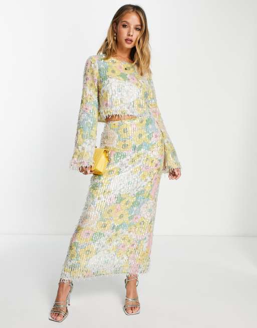 Floral seashell top and skirt set - Yellow / S