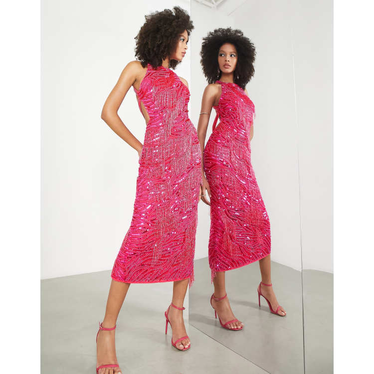 ASOS Design High Neck Fringe Maxi Dress in Hot Pink