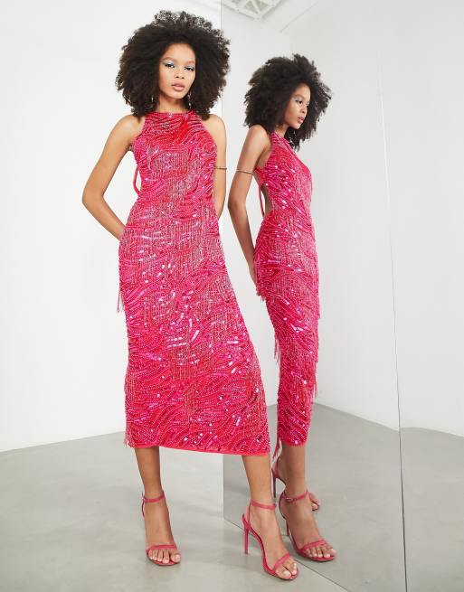 ASOS EDITION pearl and fringe halter midi dress in hot pink