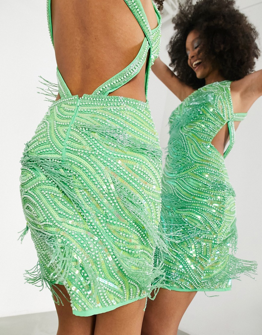 ASOS EDITION pearl and fringe halter mini dress in apple green
