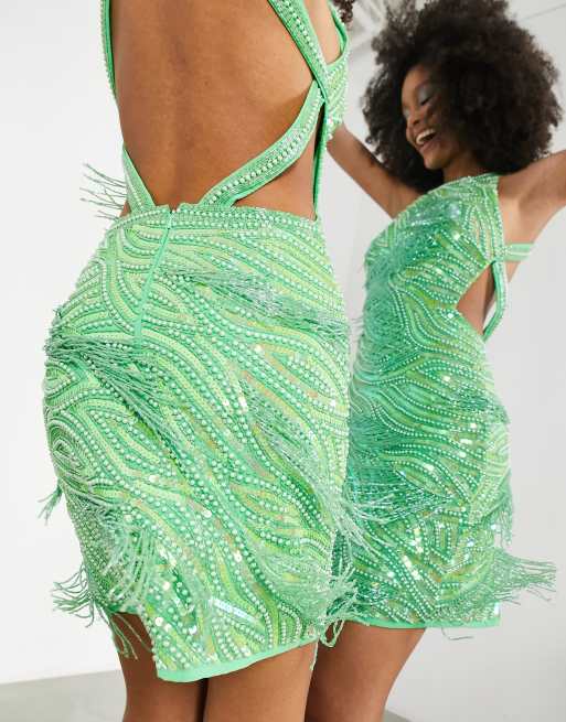 ASOS EDITION pearl and fringe halter mini dress in apple green ASOS