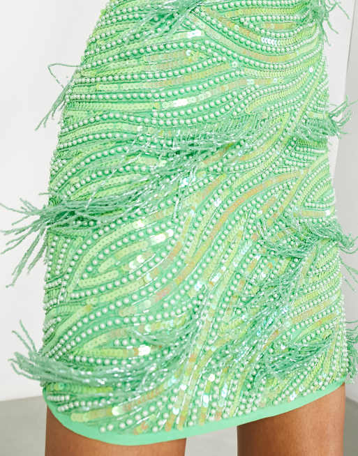 ASOS EDITION pearl and fringe halter mini dress in apple green