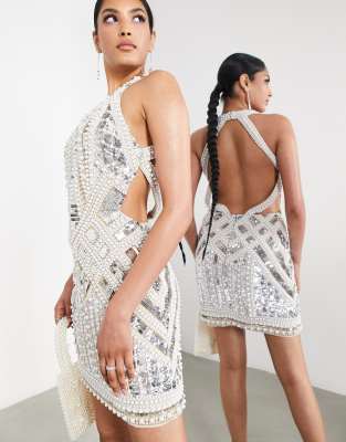 ASOS EDITION pearl and sequin embellished halter mini dress in silver, £102.00