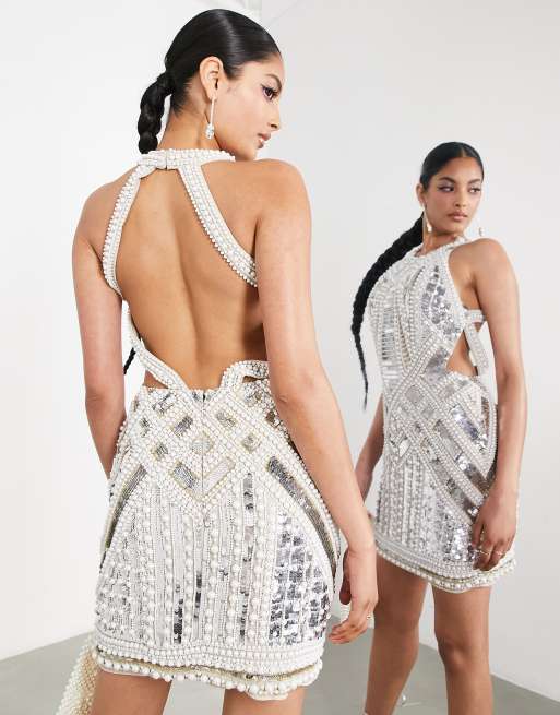 ASOS EDITION pearl and sequin embellished halter mini dress in silver