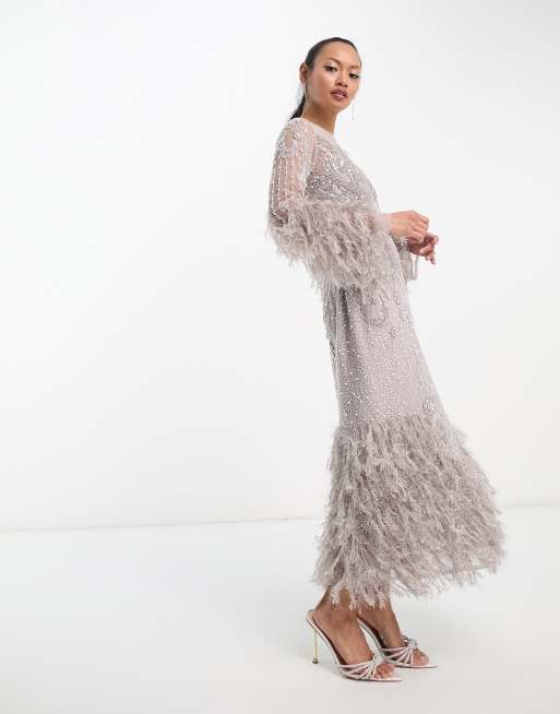 Long Bell Sleeve Feather Gown