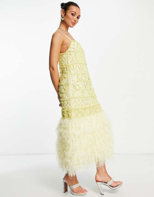 ASOS EDITION pearl embellished cami midi dress with faux feather dress in lemon