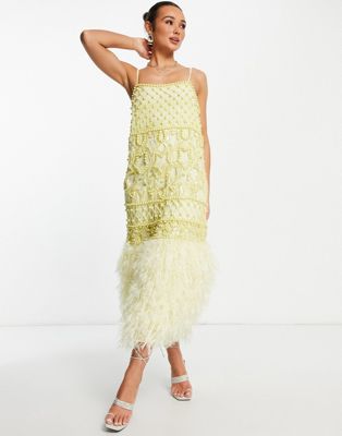 ASOS EDITION pearl embellished cami midi dress with faux feather in lemon