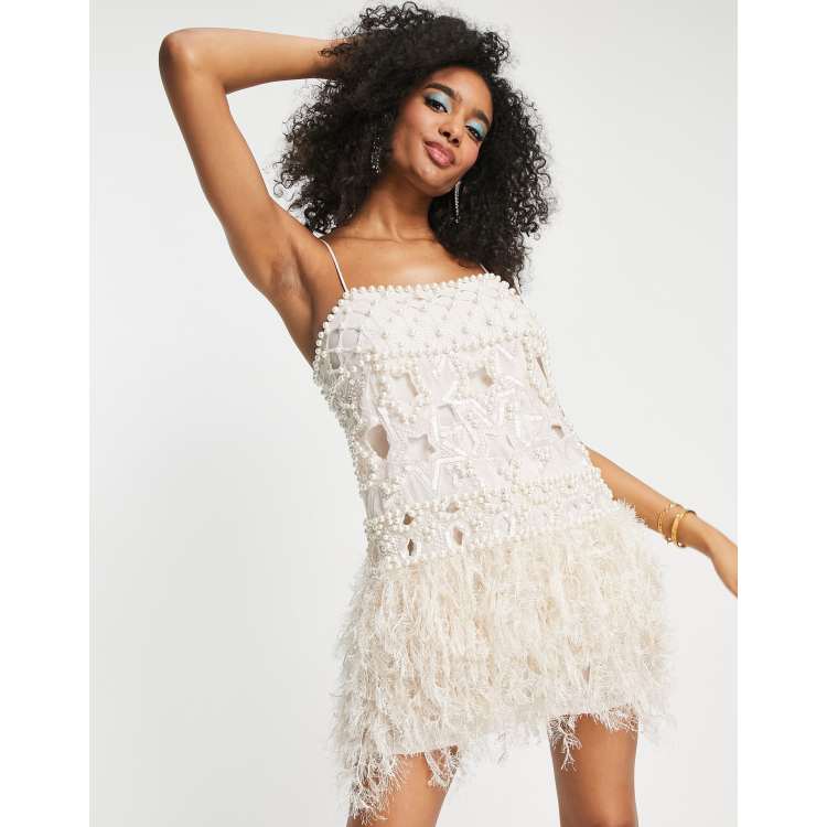 ASOS EDITION pearl embellished cami mini dress with faux feather dress in  soft pink