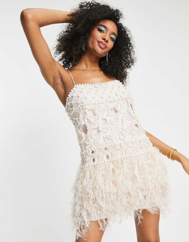 ASOS EDITION pearl embellished cami mini dress with faux feather dress in soft pink