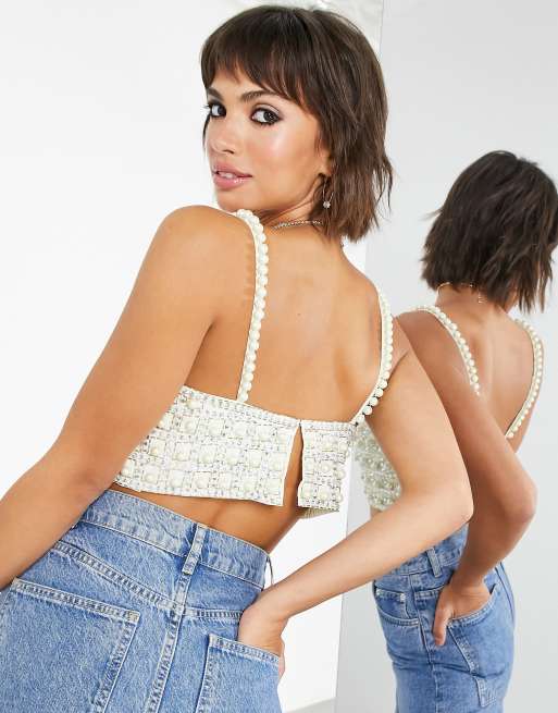 ASOS EDITION pearl embellished crop cami top in silver