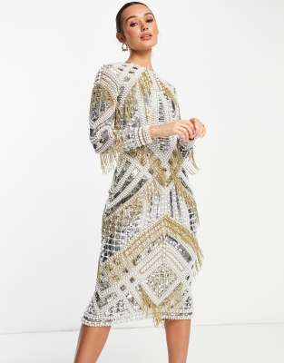ASOS EDITION pearl embellished midi bodycon dress with fringe in silver |  ASOS