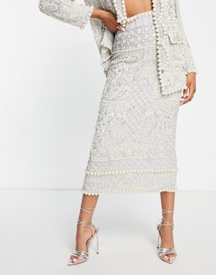 ASOS EDITION pearl embellished midi skirt in silver