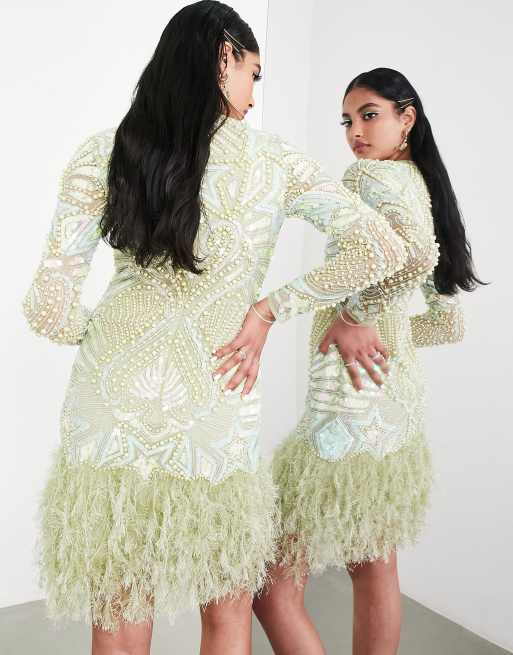 ASOS EDITION pearl & sequin star faux feather hem mini dress in pastel green  | ASOS