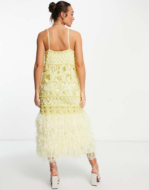 ASOS EDITION - Perleudsmykket cami-midikjole med fjer i citron, 2 af 4