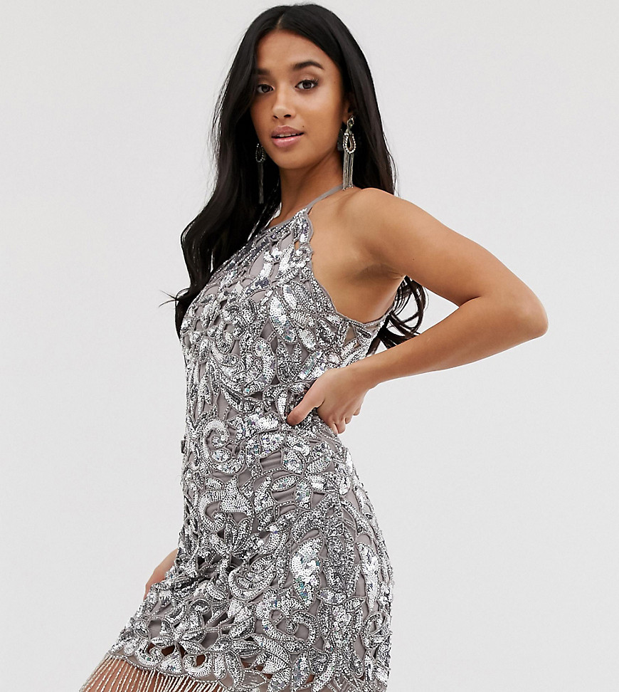 ASOS EDITION Petite sequin cutwork cami mini dress with fringe-Silver