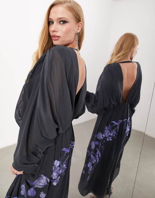 ASOS EDITION - Petroleumsblå midikjole med flagermusærmer og blomsterbroderier i chiffon, 2 af 4