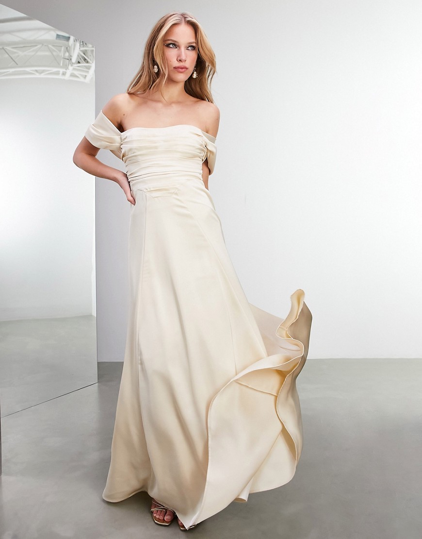 ASOS EDITION Phillipa satin ruched bodice off-shoulder Bardot wedding dress-Gold