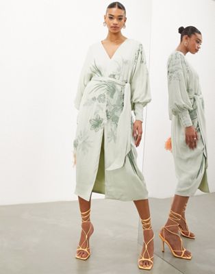 ASOS EDITION phoenix embroidered satin belted v neck midi dress in sage green - ASOS Price Checker