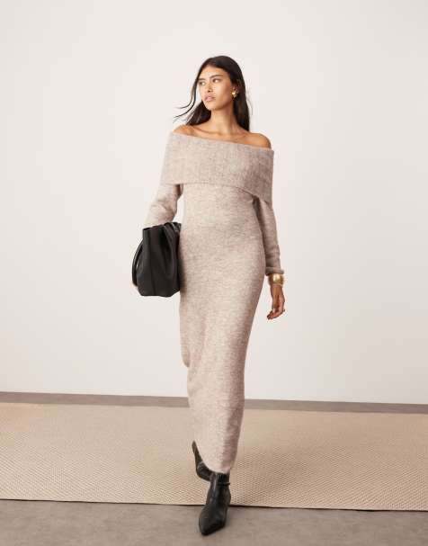 ASOS Edition – Pieczarkowa dzianinowa sukienka midaxi z dekoltem bardot - view 1