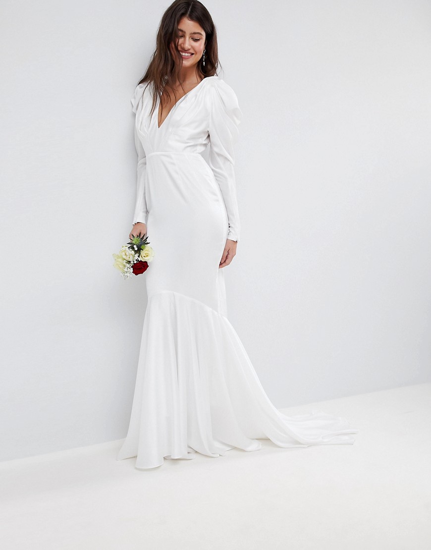 ASOS EDITION pintuck shoulder wedding dress with fishtail-White