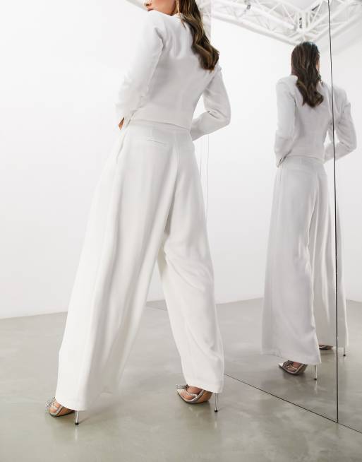 High Waist Wide Leg Pants With Gold Button Accents In White