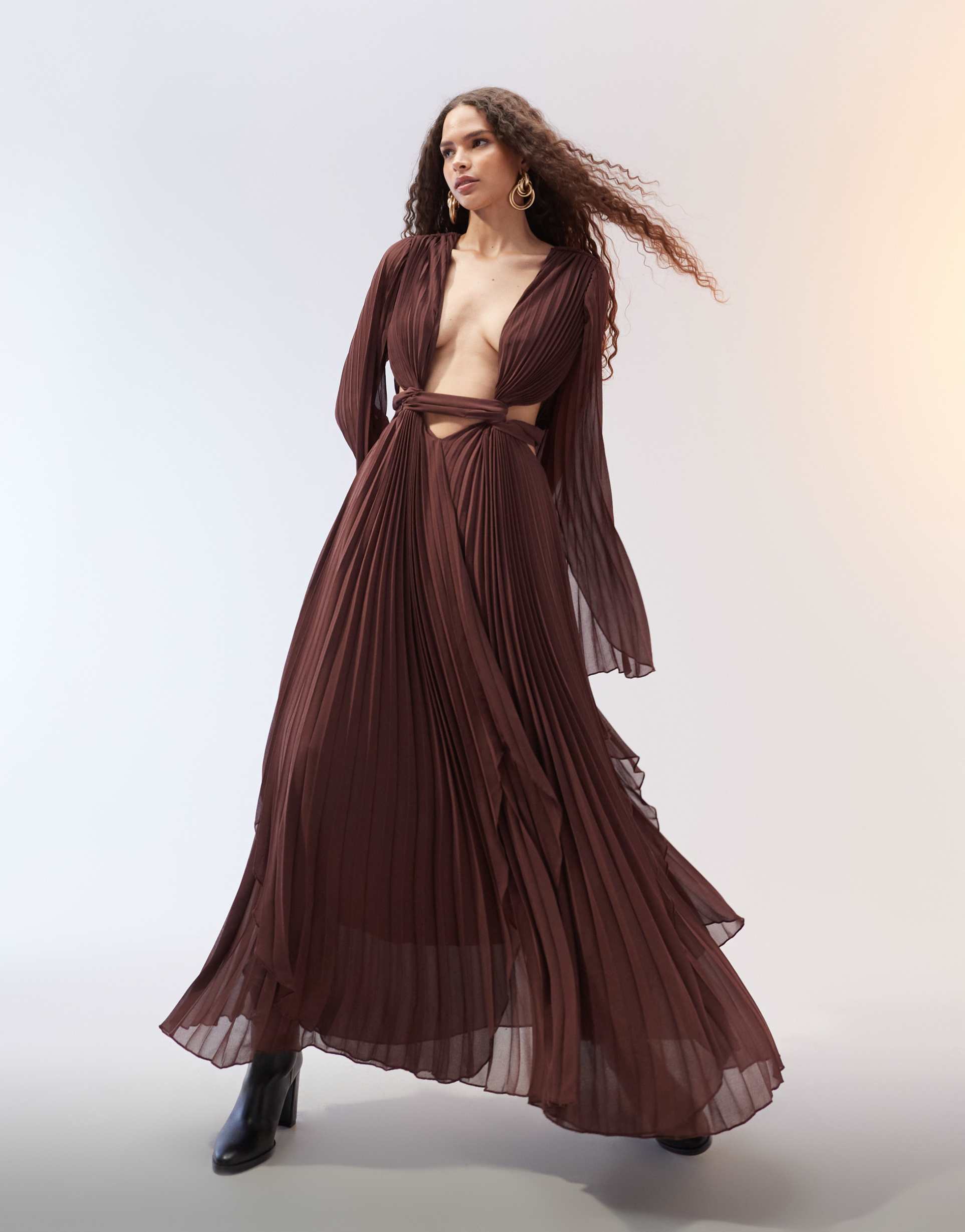 asos edition pleat flare sleeve maxi dress with ring detail back in chocolate