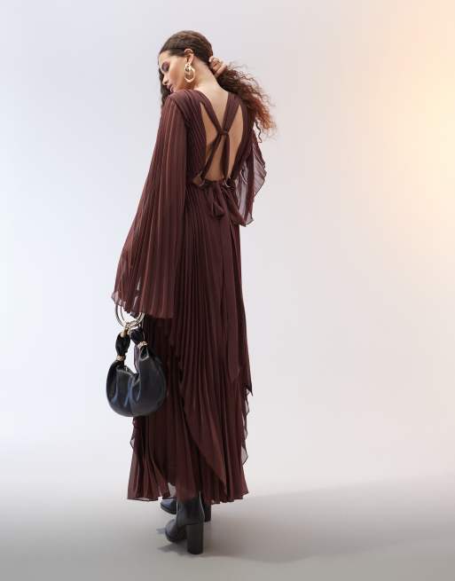 ASOS EDITION pleat flare sleeve maxi dress with ring detail back in chocolate ASOS