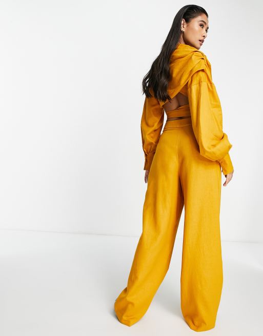 ASOS EDITION pleat front linen wide leg pants in mustard