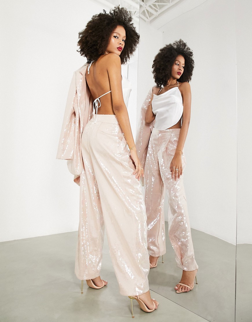 ASOS EDITION pleat front sequin pants in blush-Pink